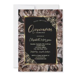 Chic Dark Roses Gold Frame Black Quinceañera