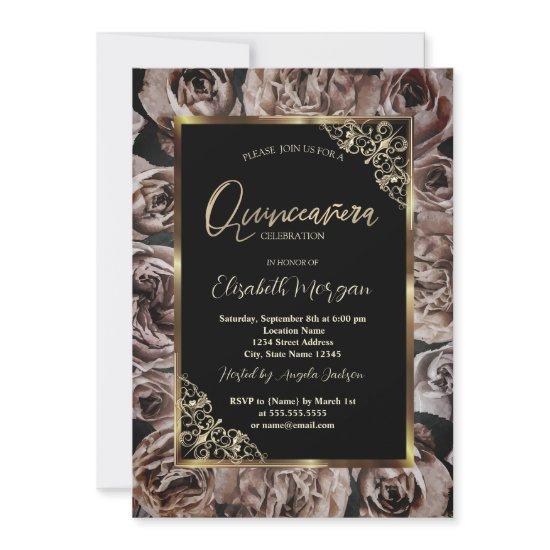 Chic Dark Roses Gold Frame Black Quinceañera