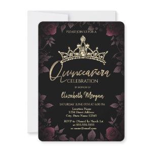 Chic Dark Roses Leaves Quinceañera