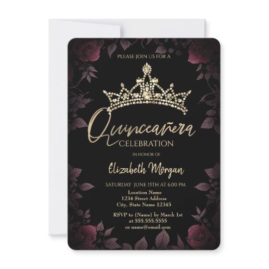 Chic Dark Roses Leaves Quinceañera