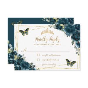 Chic Dark Teal Floral Gold Butterflies Quinceañera RSVP Card