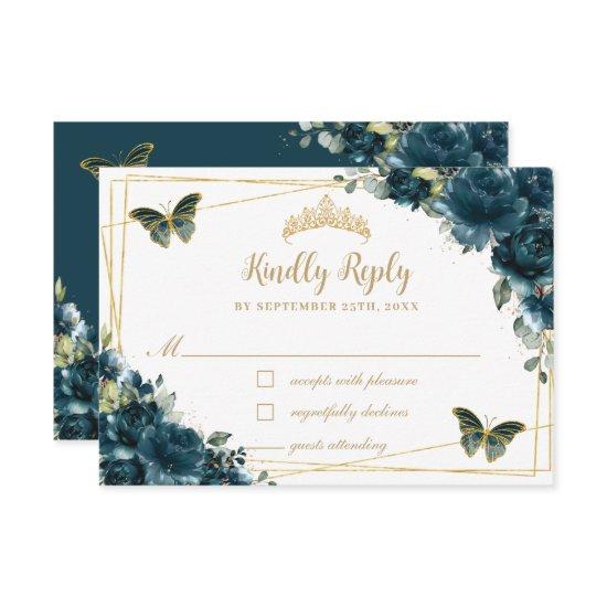Chic Dark Teal Floral Gold Butterflies Quinceañera RSVP Card