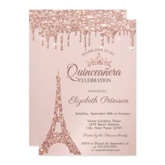 Chic Eiffel Tower,Rose Gold Drips Quinceañera