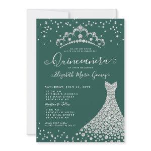 Chic Emerald Green Diamond Tiara Gown Quinceanera