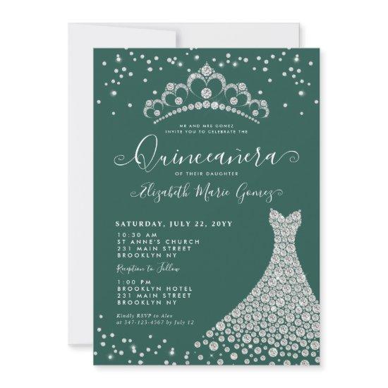 Chic Emerald Green Diamond Tiara Gown Quinceanera