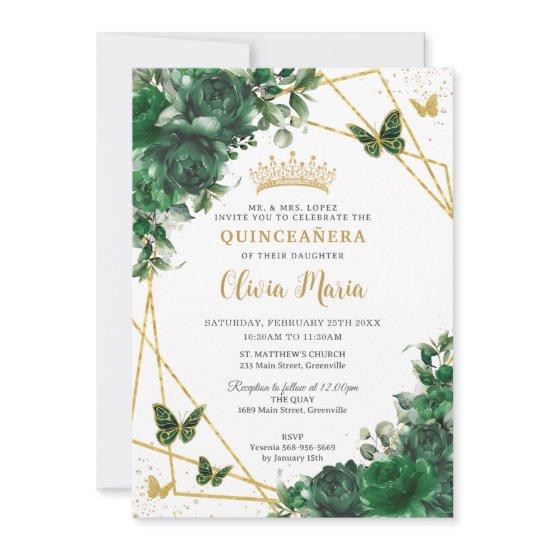 Chic Emerald Green Floral Butterflies Quinceañera