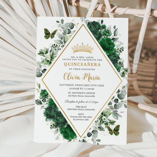 Chic Emerald Green Floral Butterflies Quinceañera