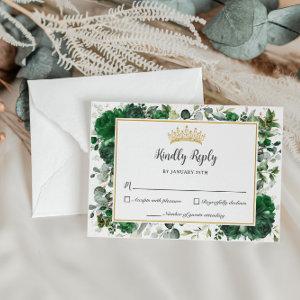 Chic Emerald Green Floral Butterflies Quinceañera  RSVP Card