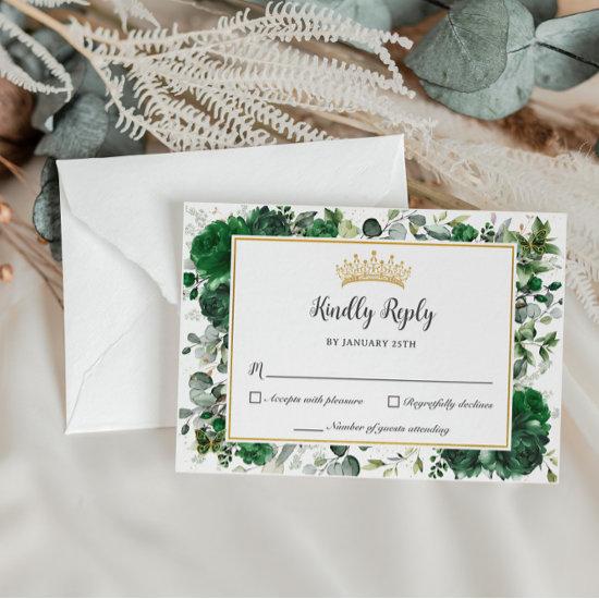 Chic Emerald Green Floral Butterflies Quinceañera  RSVP Card