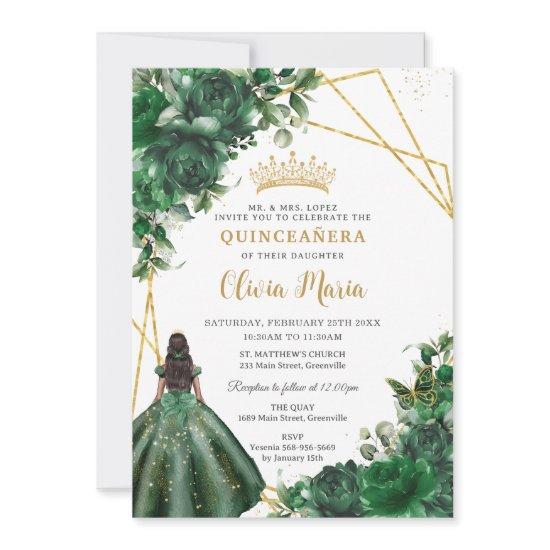 Chic Emerald Green Floral Princess Quinceañera