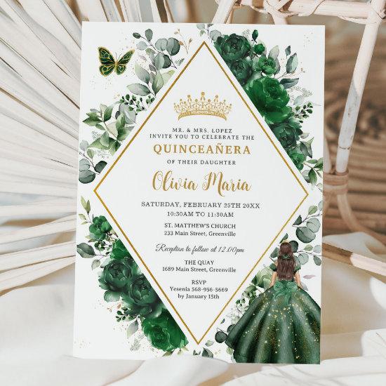 Chic Emerald Green Floral Princess Quinceañera