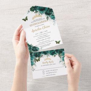 Chic Emerald Green Floral Quinceanera Butterflies All In One