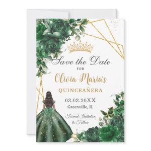 Chic Emerald Green Flowers Brown Girl Quinceañera  Save The Date