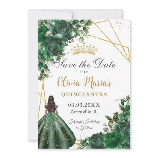 Chic Emerald Green Flowers Brown Girl Quinceañera  Save The Date