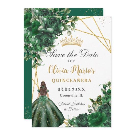 Chic Emerald Green Flowers Princess Quinceañera  Save The Date