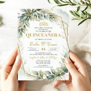 Chic eucalyptus greenery gold glitter Quinceañera