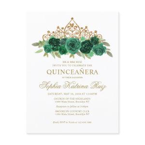 Chic Floral Emerald Green Gold Tiara Quinceañera Postcard