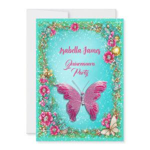 chic floral Quinceañera pink turquoise Butterfly