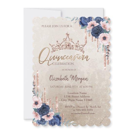 Chic Glitter Crown Drop,Blue Roses Quinceañera