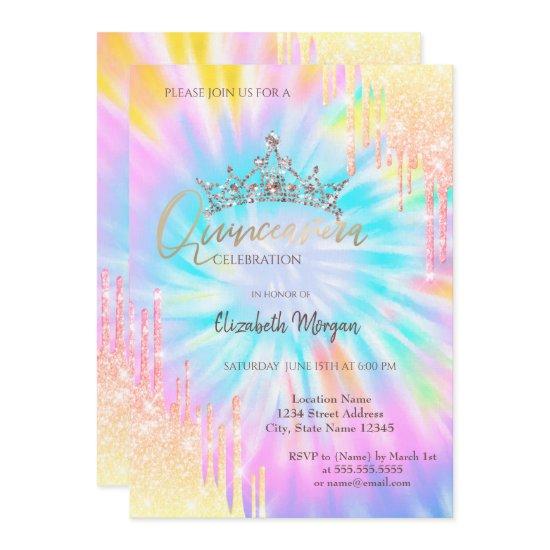 Chic Glitter Crown Drop Tie Dye Quinceañera