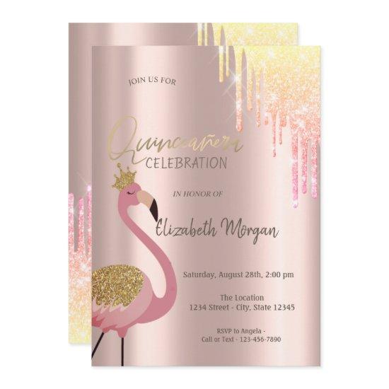 Chic Glitter Drips Pink Flamingo Quinceañera