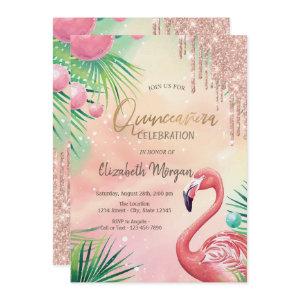 Chic Glitter Drips Pink Flamingos Quinceañera