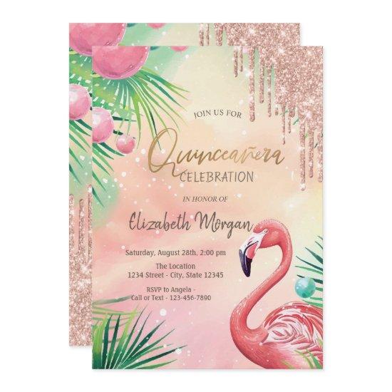 Chic Glitter Drips Pink Flamingos Quinceañera
