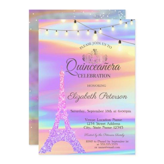 Chic Glitter Eiffel Tower Holographic Quinceañera