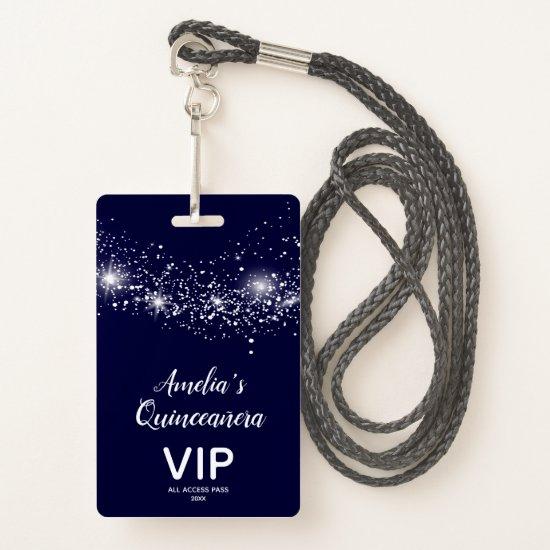 Chic Glitter on Navy Quinceañera Invite VIP Pass Badge