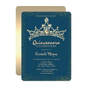 Chic Gold Diamonds Crown Blue Quinceañera