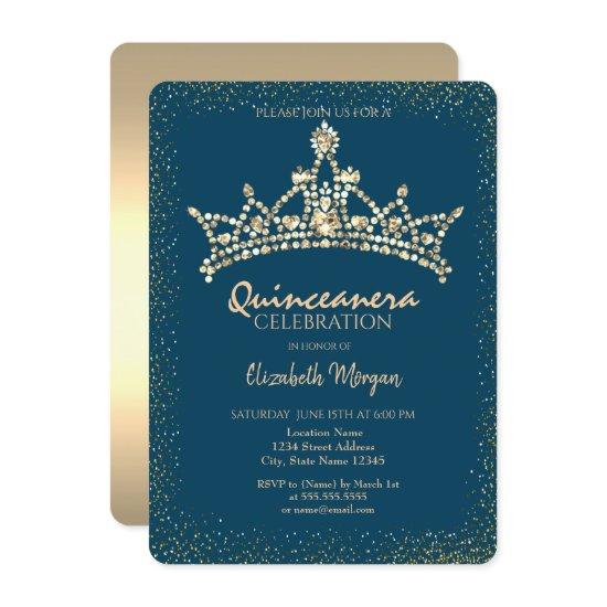 Chic Gold Diamonds Crown Blue Quinceañera