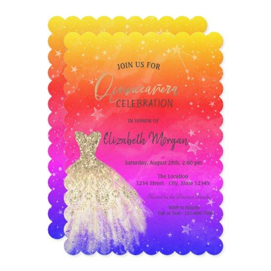 Chic Gold Dress Stars Galaxy Colorful Quinceañera