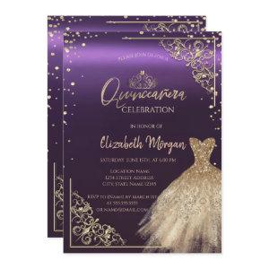 Chic Gold Dress Tiara,Diamonds Purple Quinceañera