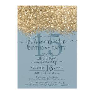 Chic Gold Dusty Blue Glitter Confetti Quinceañera