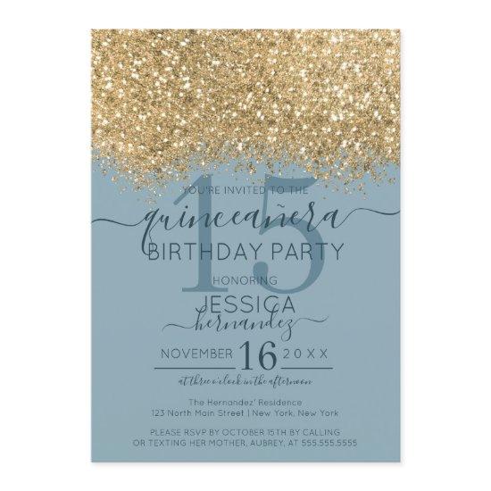 Chic Gold Dusty Blue Glitter Confetti Quinceañera