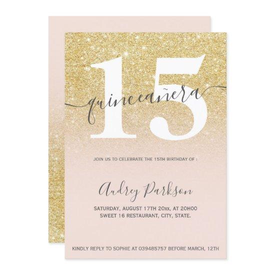 Chic gold glitter blush pink girly quinceanera