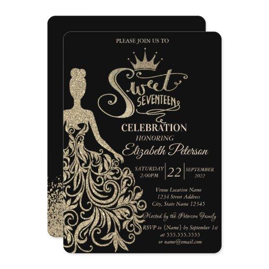 Chic Gold Glitter Dress,Tiara Black Quinceañera