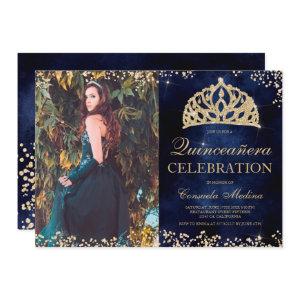 Chic gold glitter navy photo tiara Quinceañera