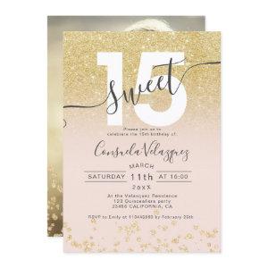 Chic gold glitter ombre blush Quinceanera photo