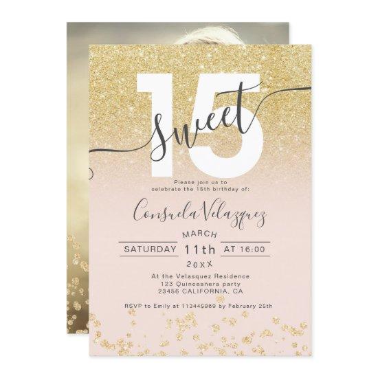 Chic gold glitter ombre blush Quinceanera photo