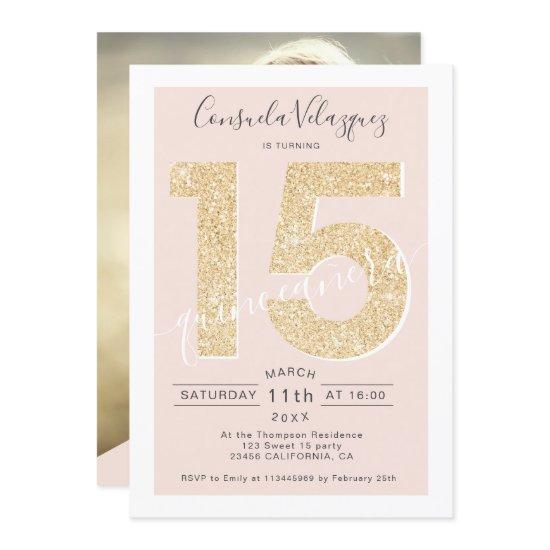 Chic gold glitter script blush quinceanera photo