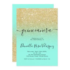 Chic gold glitter sparkles mint ombre quinceanera