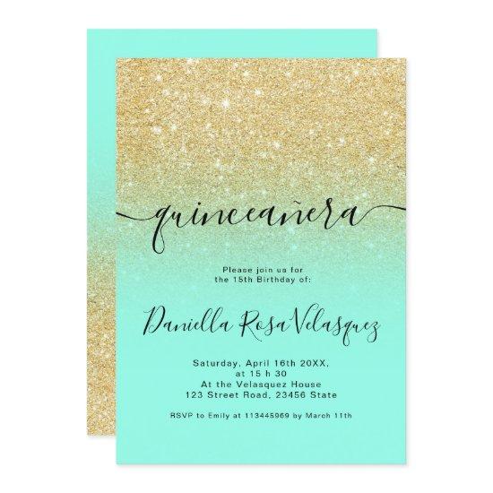 Chic gold glitter sparkles mint ombre quinceanera