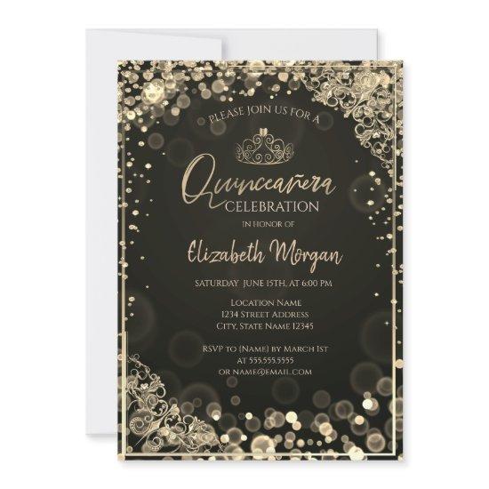Chic Gold Tiara,Diamonds Dark Bokeh Quinceañera