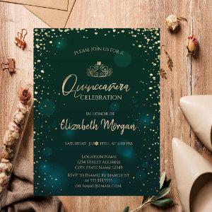 Chic Gold Tiara,Diamonds Green Quinceañera