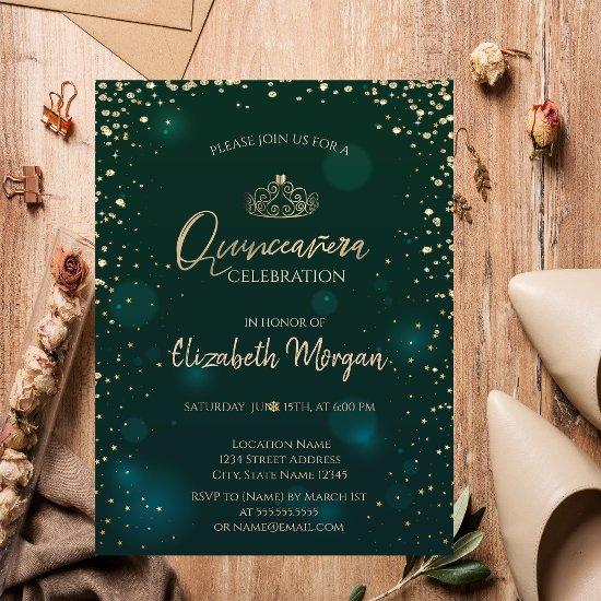 Chic Gold Tiara,Diamonds Green Quinceañera