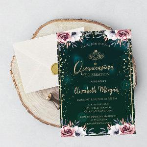 Chic Gold Tiara,Diamonds,Roses Green Quinceañera