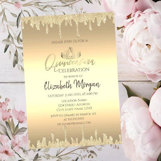 Chic Gold Tiara,Glitter Drips Gold Quinceañera