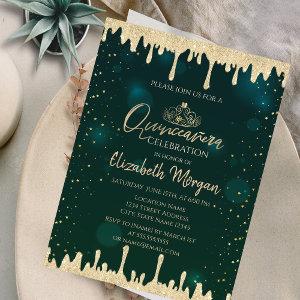 Chic Gold Tiara,Glitter Drips Green Quinceañera