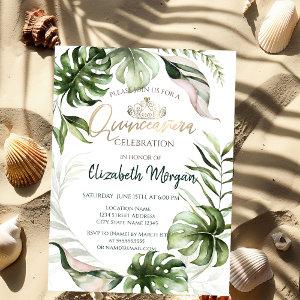 Chic Gold Tiara Tropical Leaves Quinceañera